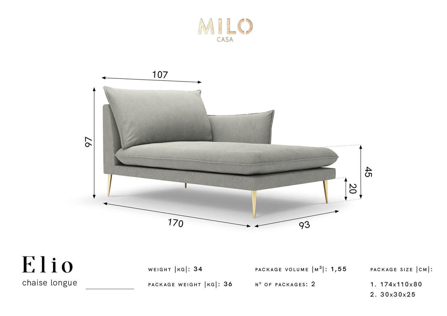 Kušetė Milo Casa Elio 2, smėlio/auksinės spalvos kaina ir informacija | Sofos | pigu.lt