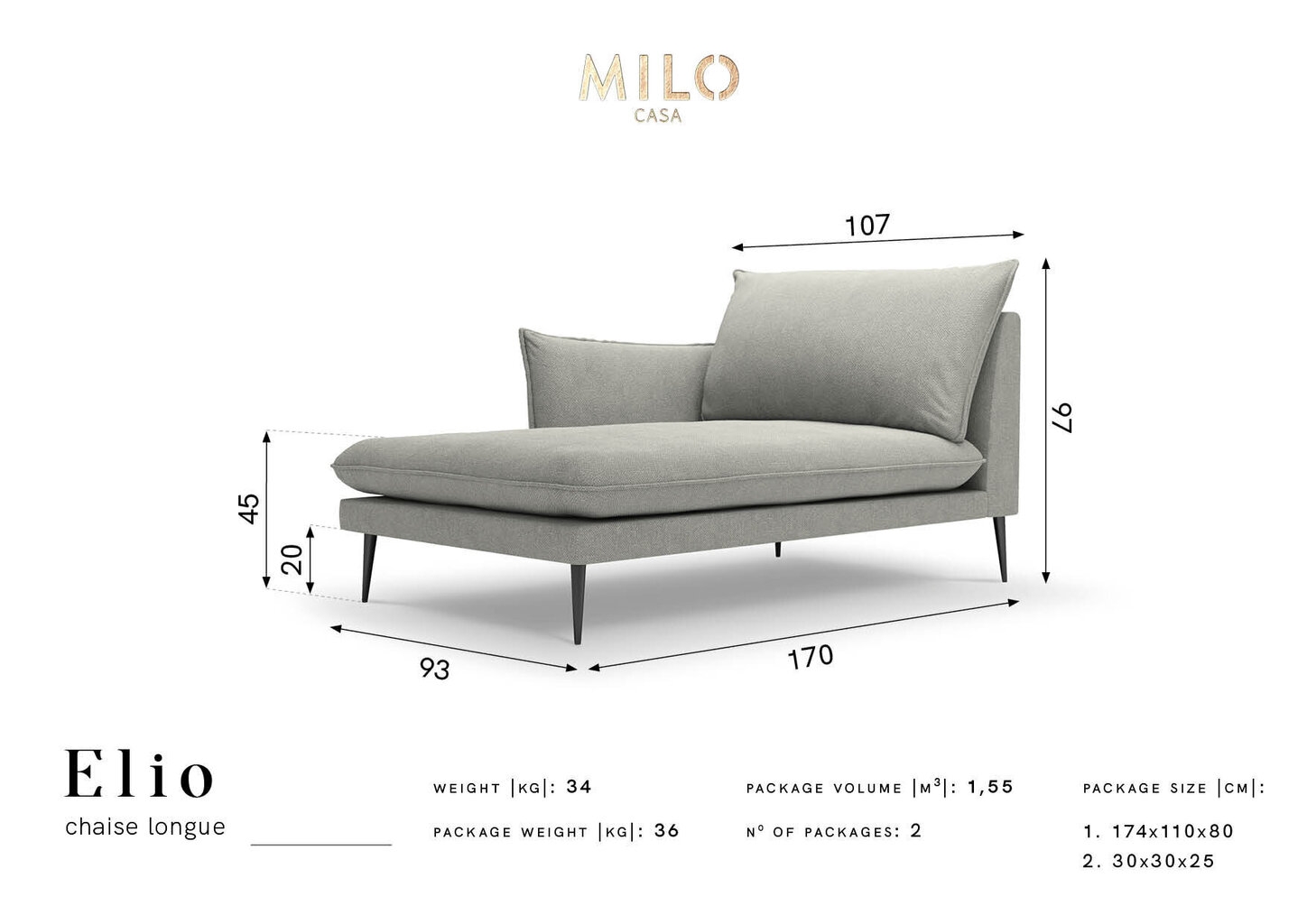 Kušetė Milo Casa Elio 6, šviesiai pilka/juoda цена и информация | Sofos | pigu.lt