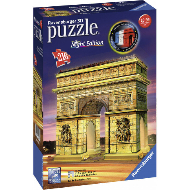 Ravensburger - 3D Puzzle Arc De Triomphe Night Edition (216pcs) kaina ir informacija | Dėlionės (puzzle) | pigu.lt