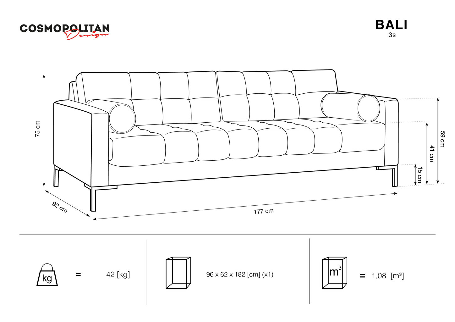 Trivietė sofa Cosmopolitan Design Bali, šviesiai mėlyna/auksinės spalvos kaina ir informacija | Sofos | pigu.lt