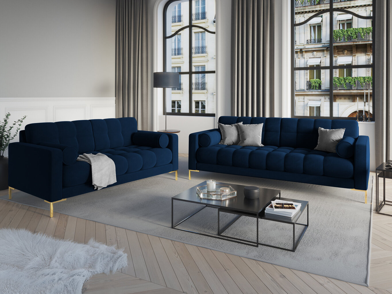 Trivietė sofa Cosmopolitan Design Bali, mėlyna/auksinės spalvos kaina ir informacija | Sofos | pigu.lt