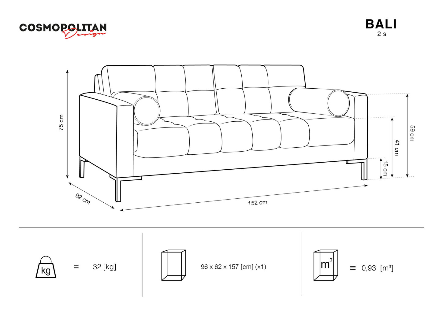 Dvivietė sofa Cosmopolitan Design Bali, tamsiai pilka kaina ir informacija | Sofos | pigu.lt
