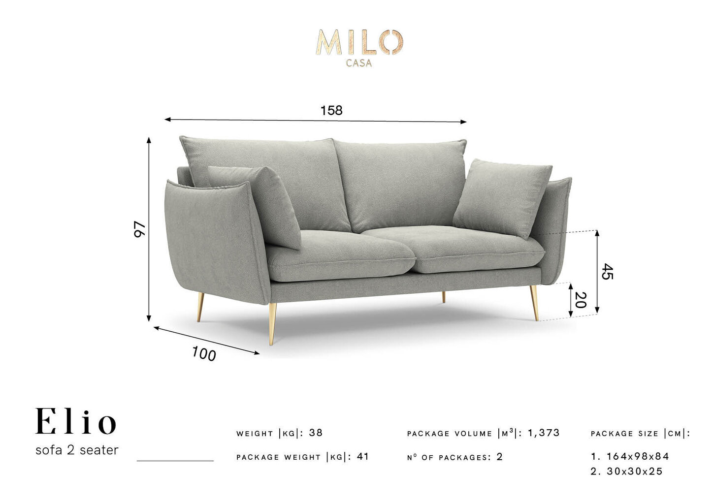 Dvivietė sofa Milo Casa Elio, šviesiai pilka/auksinės spalvos цена и информация | Sofos | pigu.lt