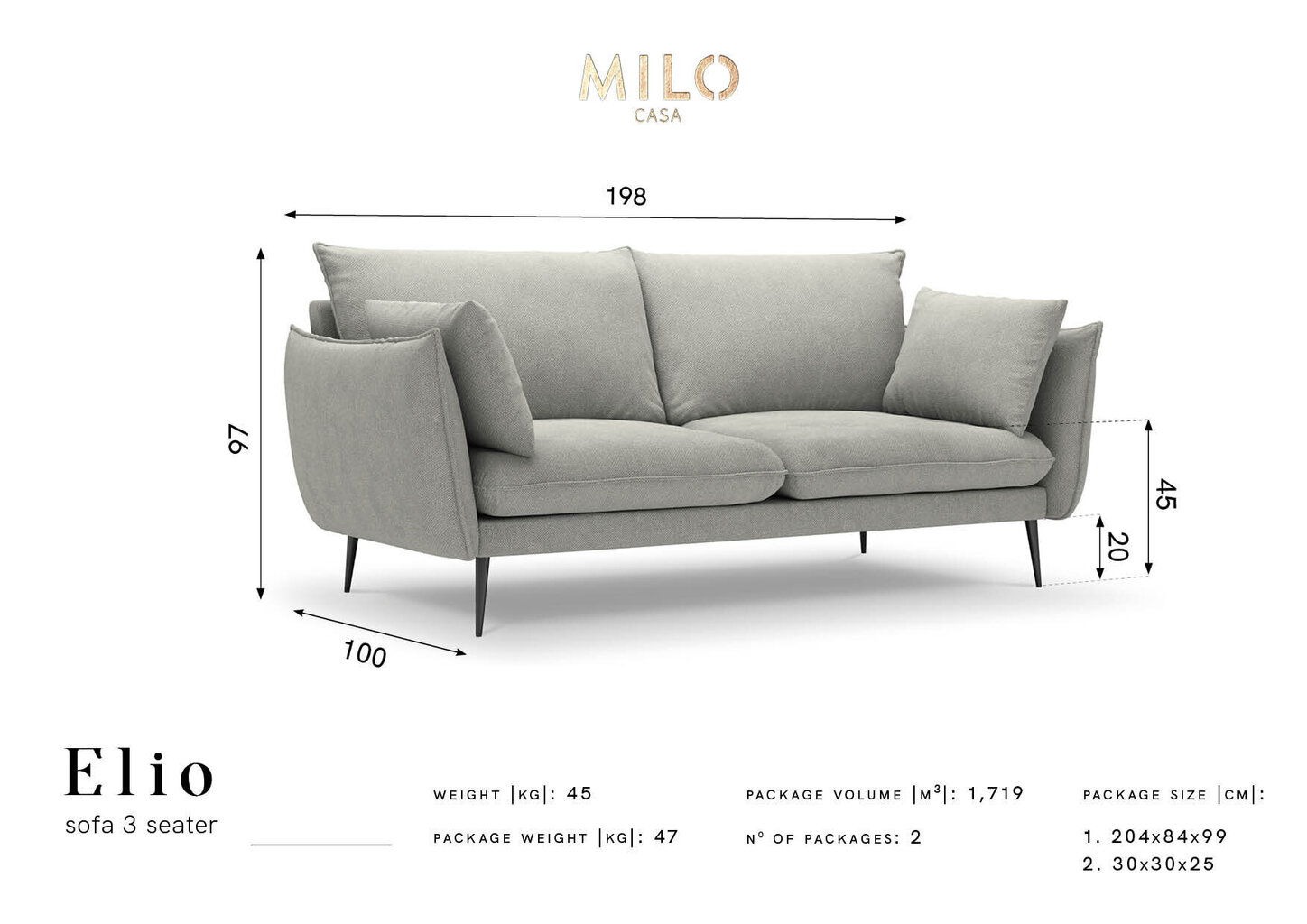 Trivietė sofa Milo Casa Elio, pilka/auksinės spalvos цена и информация | Sofos | pigu.lt