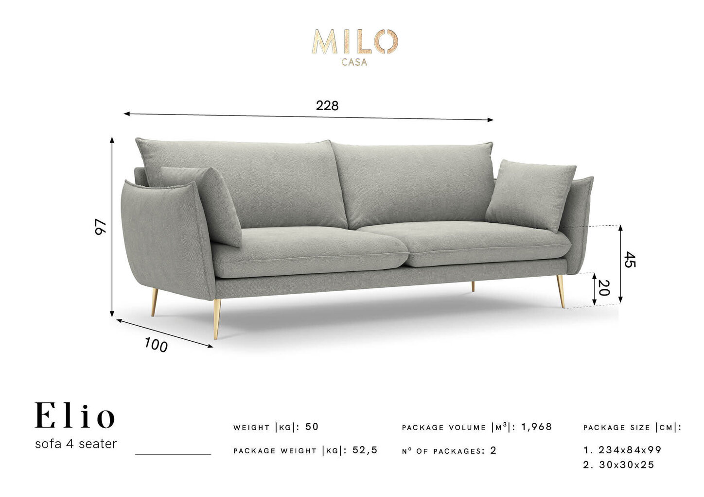 Keturvietė sofa Milo Casa Elio, smėlio/auksinės spalvos kaina ir informacija | Sofos | pigu.lt