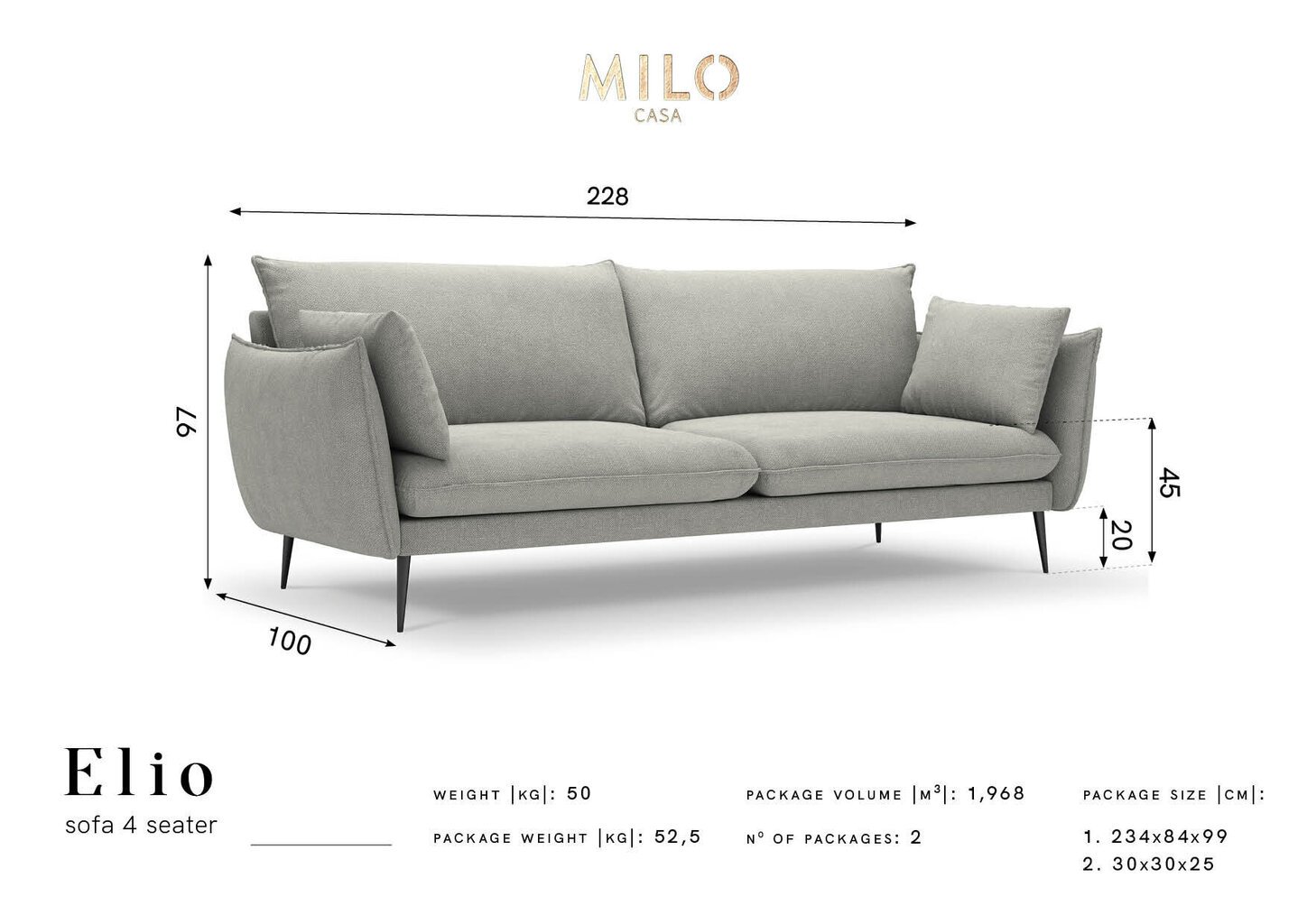 Keturvietė sofa Milo Casa Elio, šviesios smėlio spalvos kaina ir informacija | Sofos | pigu.lt