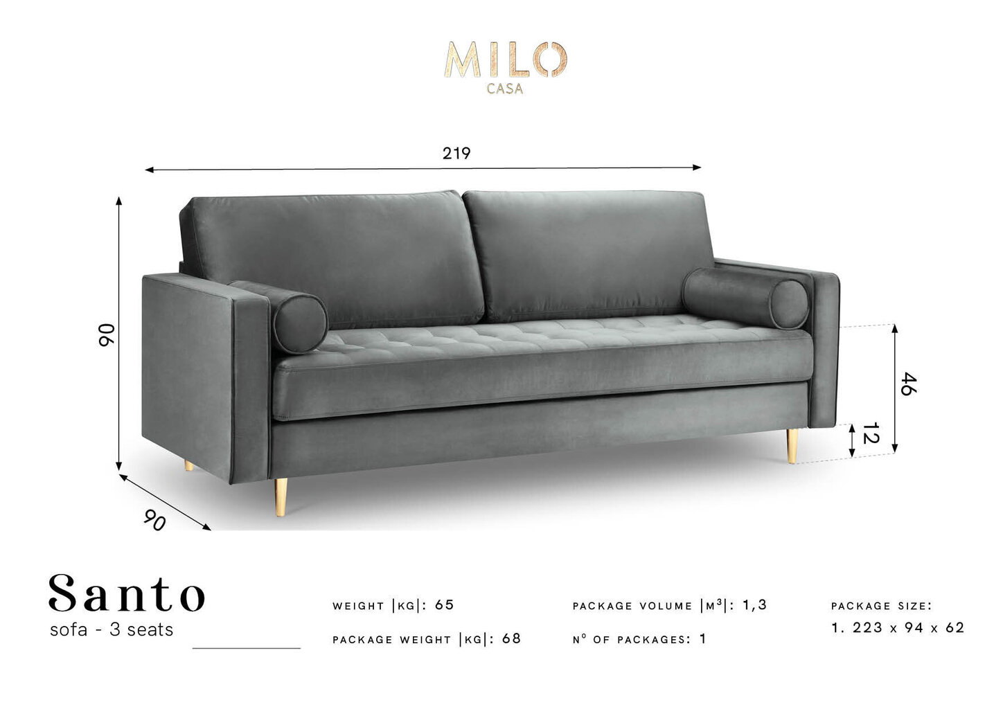 Trivietė sofa Milo Casa Santo, rožinė/auksinės spalvos kaina ir informacija | Sofos | pigu.lt