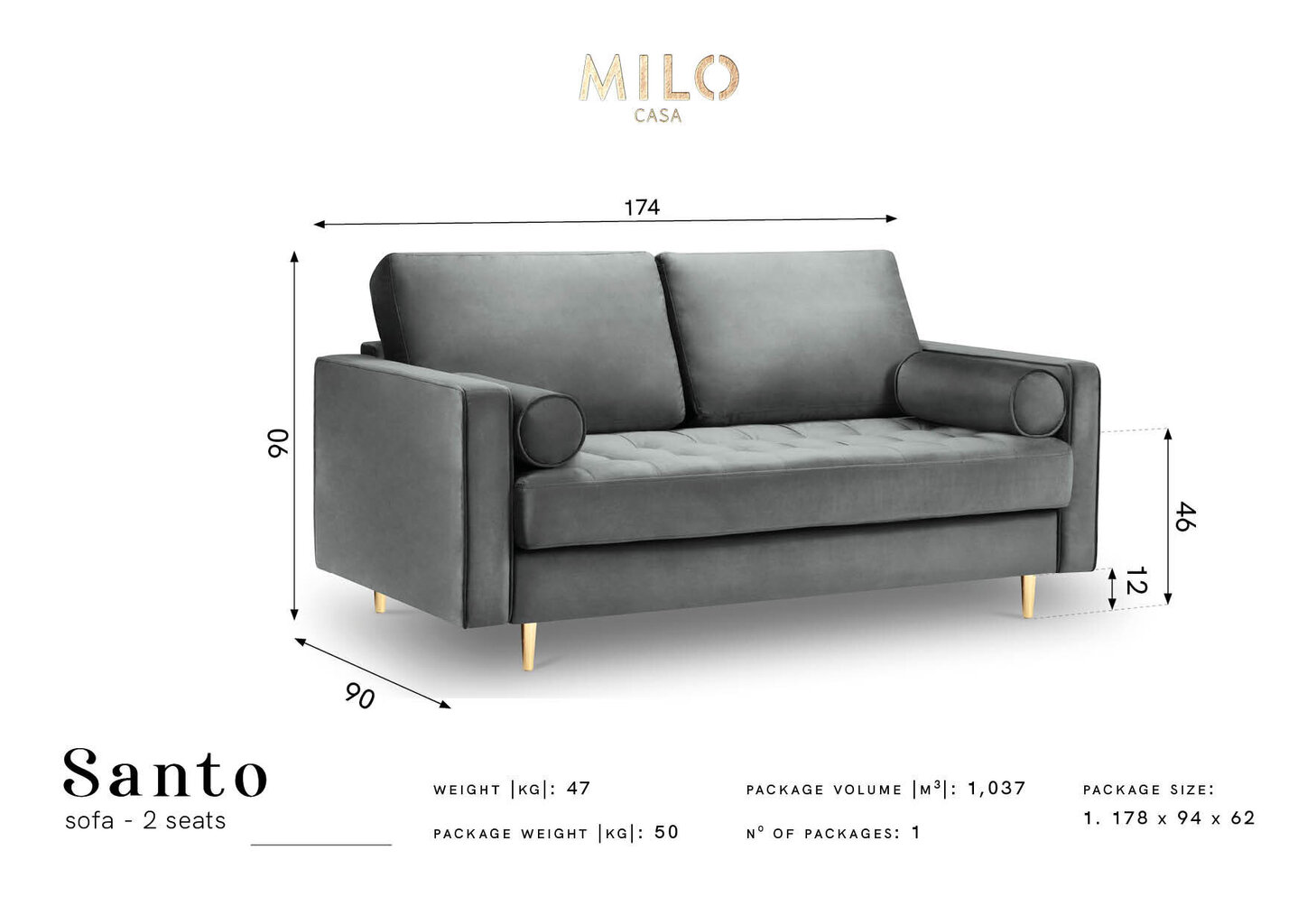 Dvivietė sofa Milo Casa Santo, mėlyna/aukso spalvos kaina ir informacija | Sofos | pigu.lt