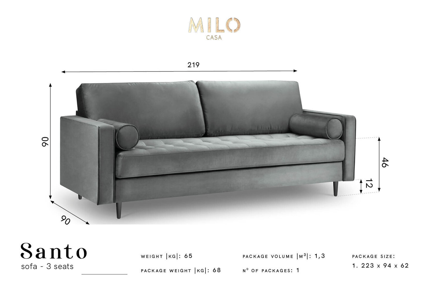 Trivietė sofa Milo Casa Santo, pilka kaina ir informacija | Sofos | pigu.lt