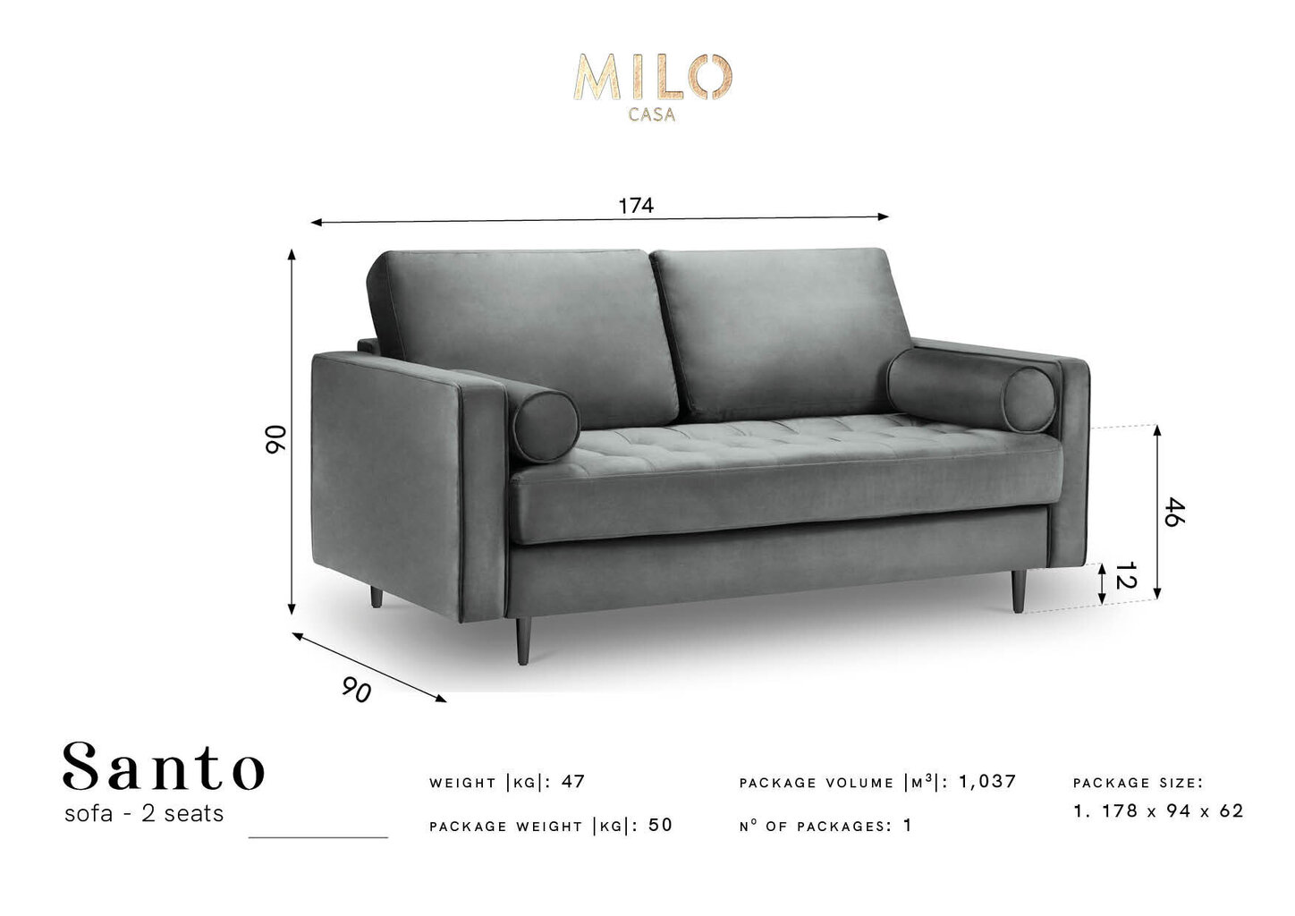 Dvivietė sofa Milo Casa Santo, tamsiai pilka kaina ir informacija | Sofos | pigu.lt