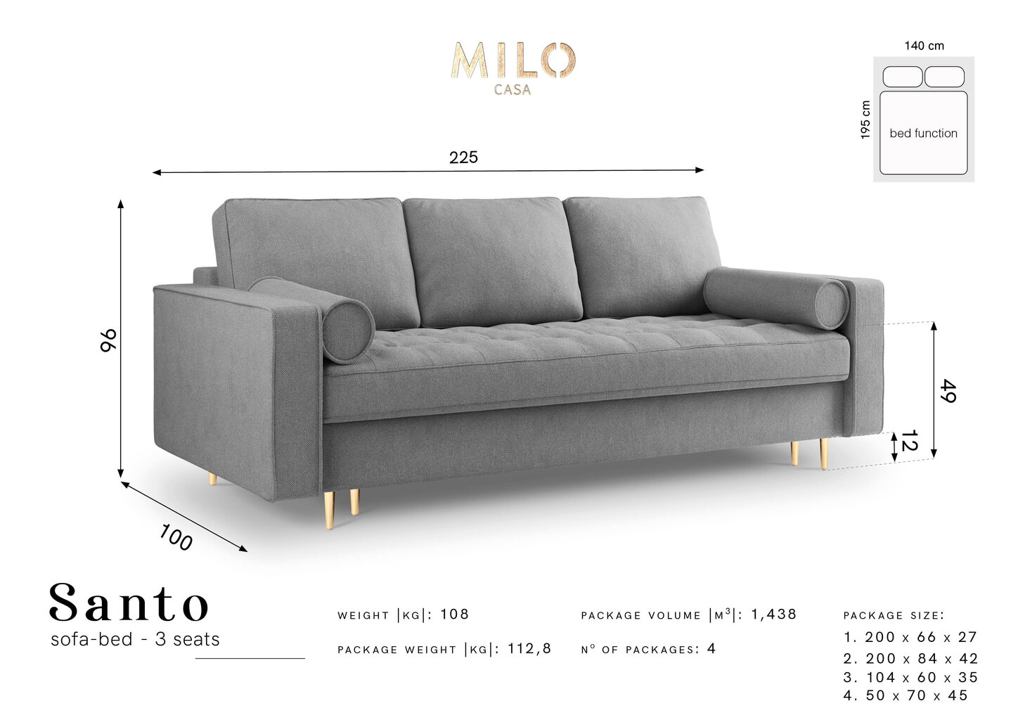 Trivietė sofa Milo Casa Santo 8, tamsiai pilka/aukso spalvos kaina ir informacija | Sofos | pigu.lt