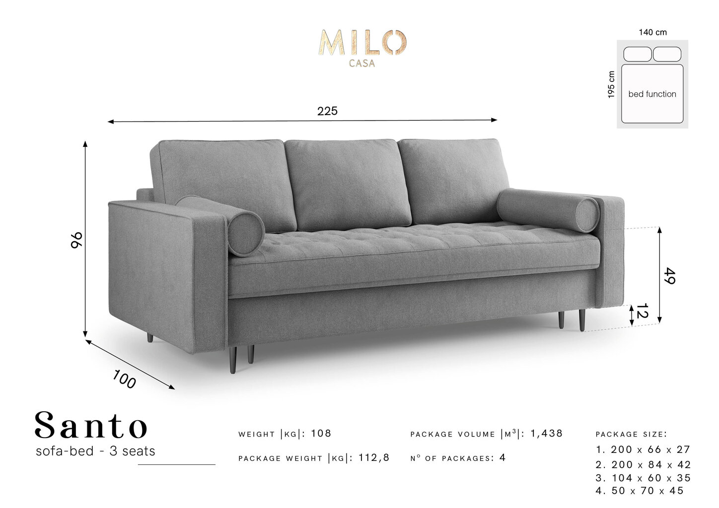 Trivietė sofa Milo Casa Santo 8, tamsiai pilka kaina ir informacija | Sofos | pigu.lt