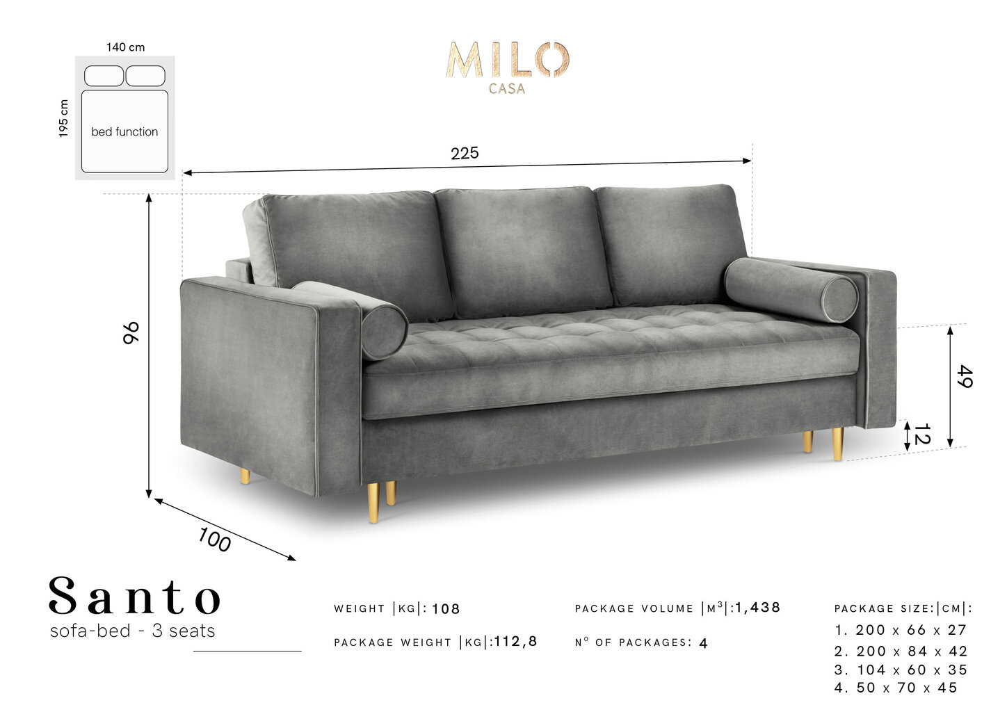 Sofa Milo Casa Santo, pilka/auksinės spalvos цена и информация | Sofos | pigu.lt