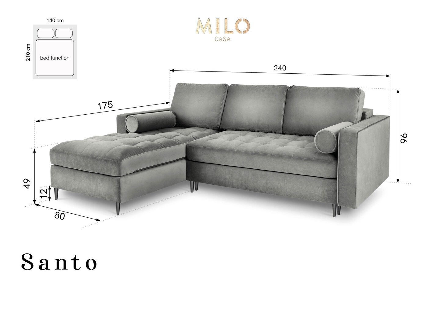Minkštas kampas Milo Casa Santo 5S-V, pilkas/juodas kaina ir informacija | Minkšti kampai | pigu.lt