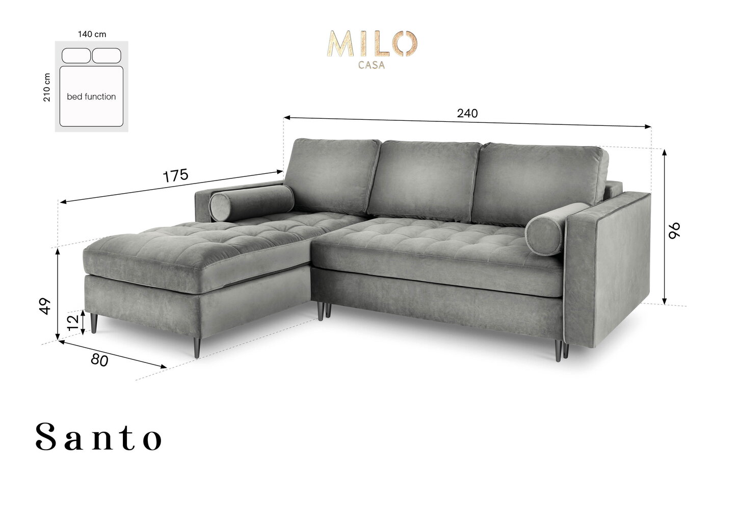 Minkštas kampas Milo Casa Santo 5S-V, tamsiai pilkas/juodas kaina ir informacija | Minkšti kampai | pigu.lt