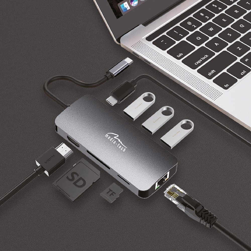 Adapteris Media-Tech MT5044, USB-C/USB-A/HDMI/RJ-45/micro SD kaina ir informacija | Adapteriai, USB šakotuvai | pigu.lt