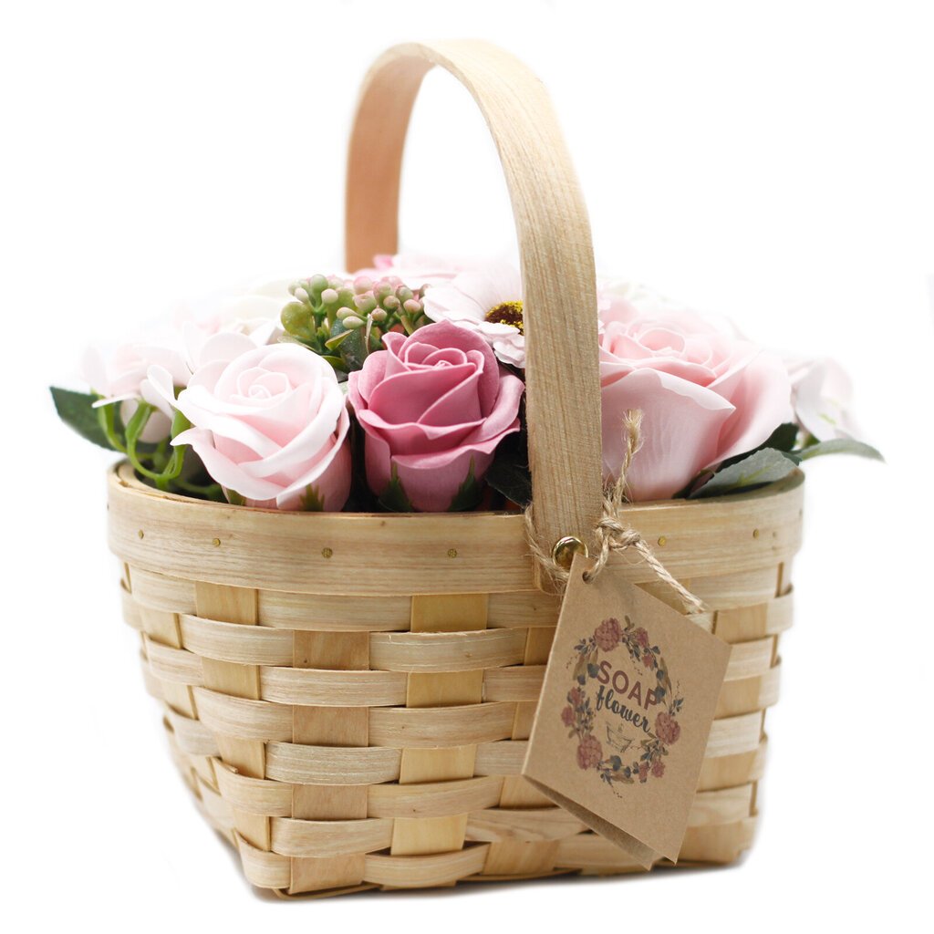 Muilo gėlių puokštė pintame krepšelyje, rožinė kaina ir informacija | Muilai | pigu.lt