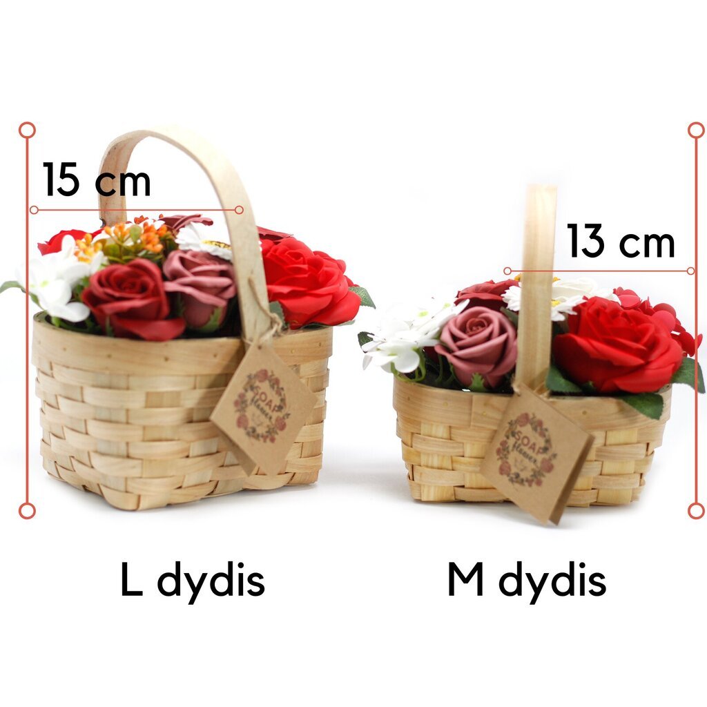 Muilo gėlių puokštė pintame krepšelyje, rožinė kaina ir informacija | Muilai | pigu.lt