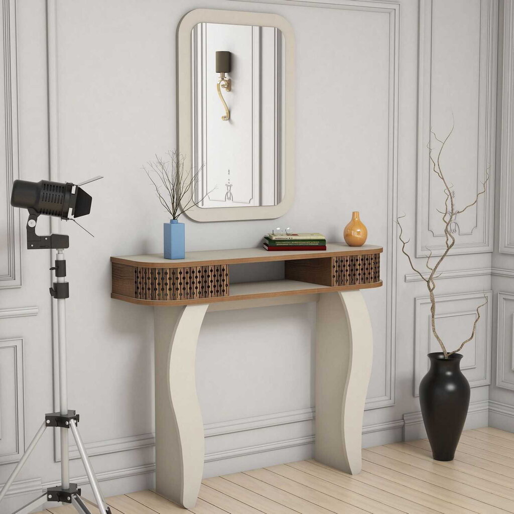 Staliuko ir veidrožio komplektas Kalune Design 845, smėlio spalvos/rudas цена и информация | Kosmetiniai staliukai | pigu.lt