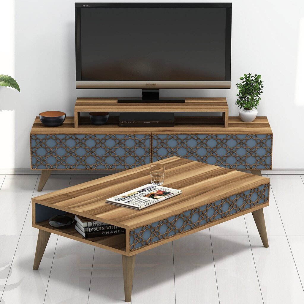 Svetainės baldų komplektas Kalune Design 845(IV), tamsiai rudas/mėlynas kaina ir informacija | Sekcijos | pigu.lt