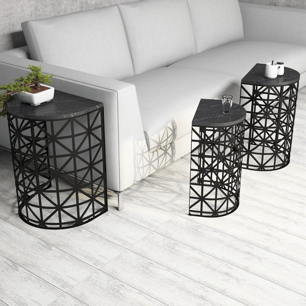 3-jų kavos staliukų komplektas Kalune Design 845(I), juodas kaina ir informacija | Kavos staliukai | pigu.lt