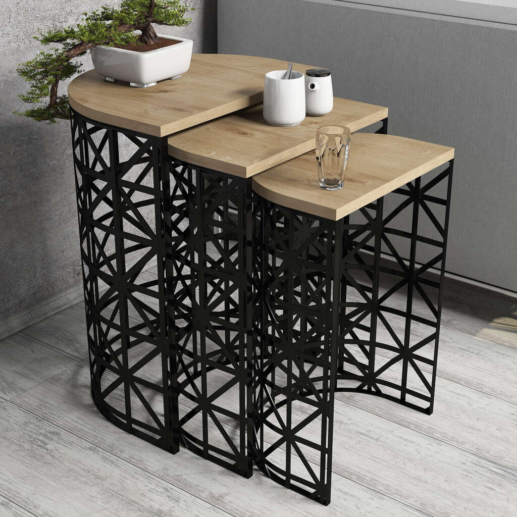 3-jų kavos staliukų komplektas Kalune Design 845, šviesiai rudas/juodas kaina ir informacija | Kavos staliukai | pigu.lt