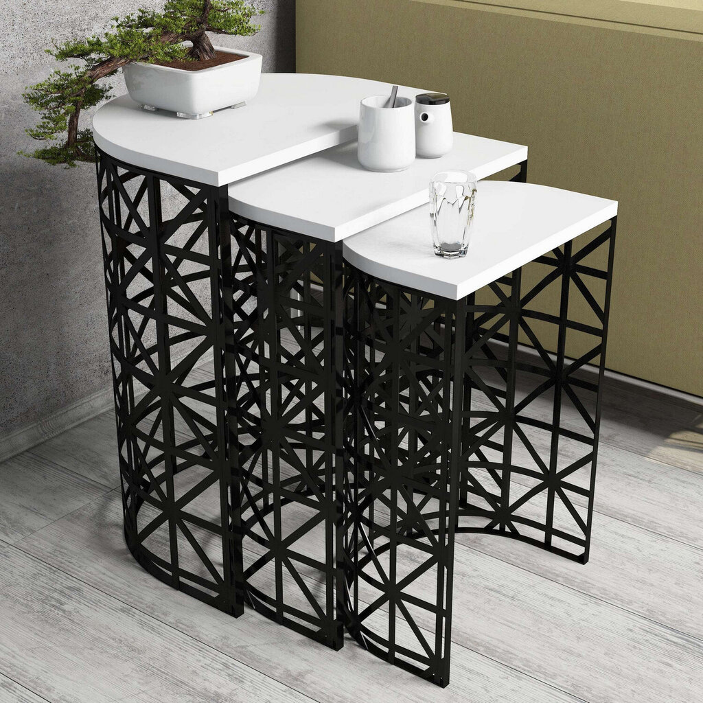 3-jų kavos staliukų komplektas Kalune Design 845(I), juodas/baltas kaina ir informacija | Kavos staliukai | pigu.lt