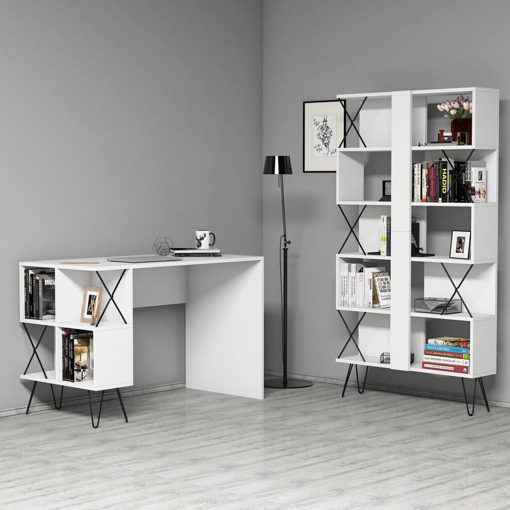 Rašomasis stalas su knygų lentyna Kalune Design 845 (IV), baltas/juodas kaina ir informacija | Kompiuteriniai, rašomieji stalai | pigu.lt