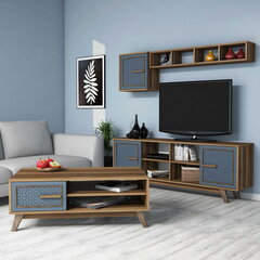 Svetainės baldų komplektas Kalune Design 845(II), tamsiai rudas/mėlynas kaina ir informacija | Sekcijos | pigu.lt