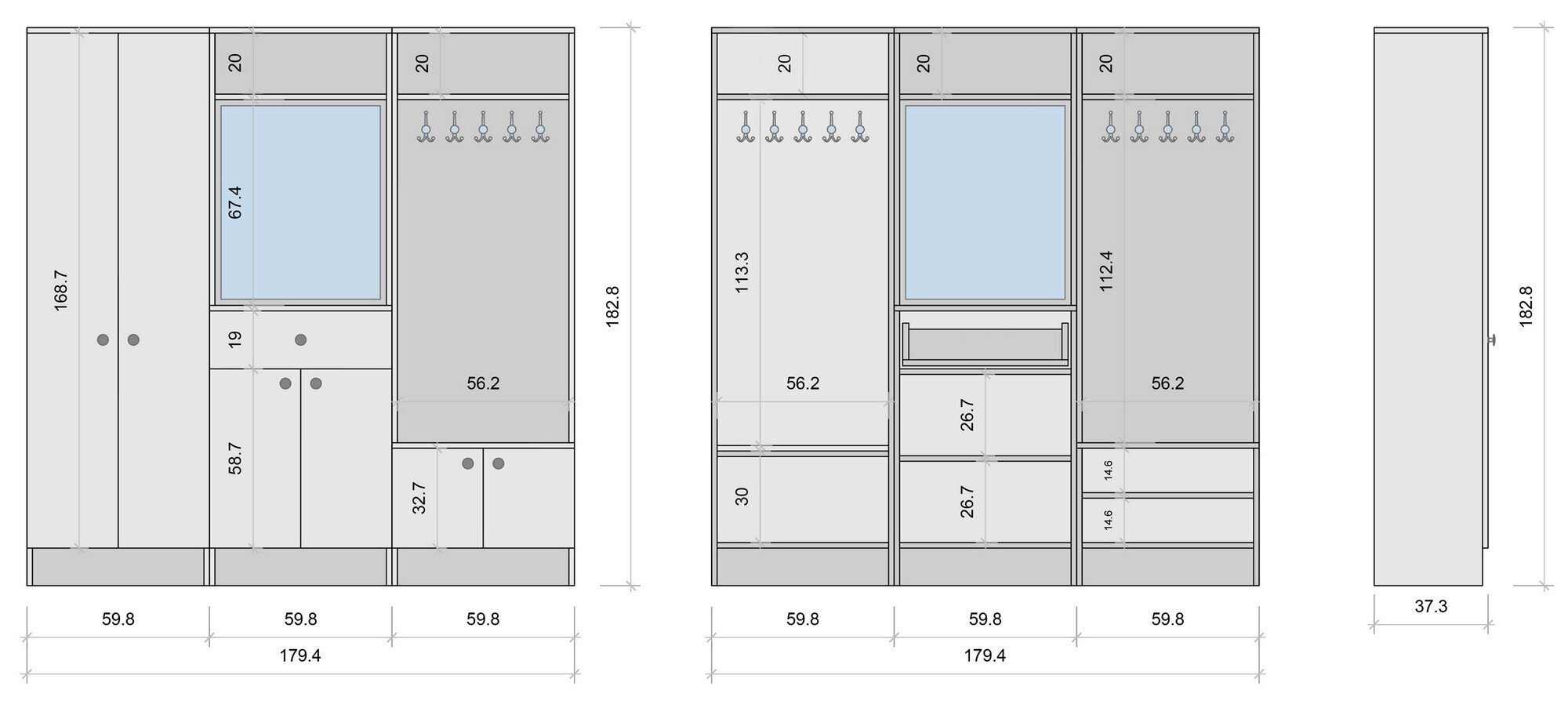 Prieškambario komplektas su veidrodžiu Kalune Design 893(I), 179,4 cm, baltas kaina ir informacija | Prieškambario komplektai | pigu.lt