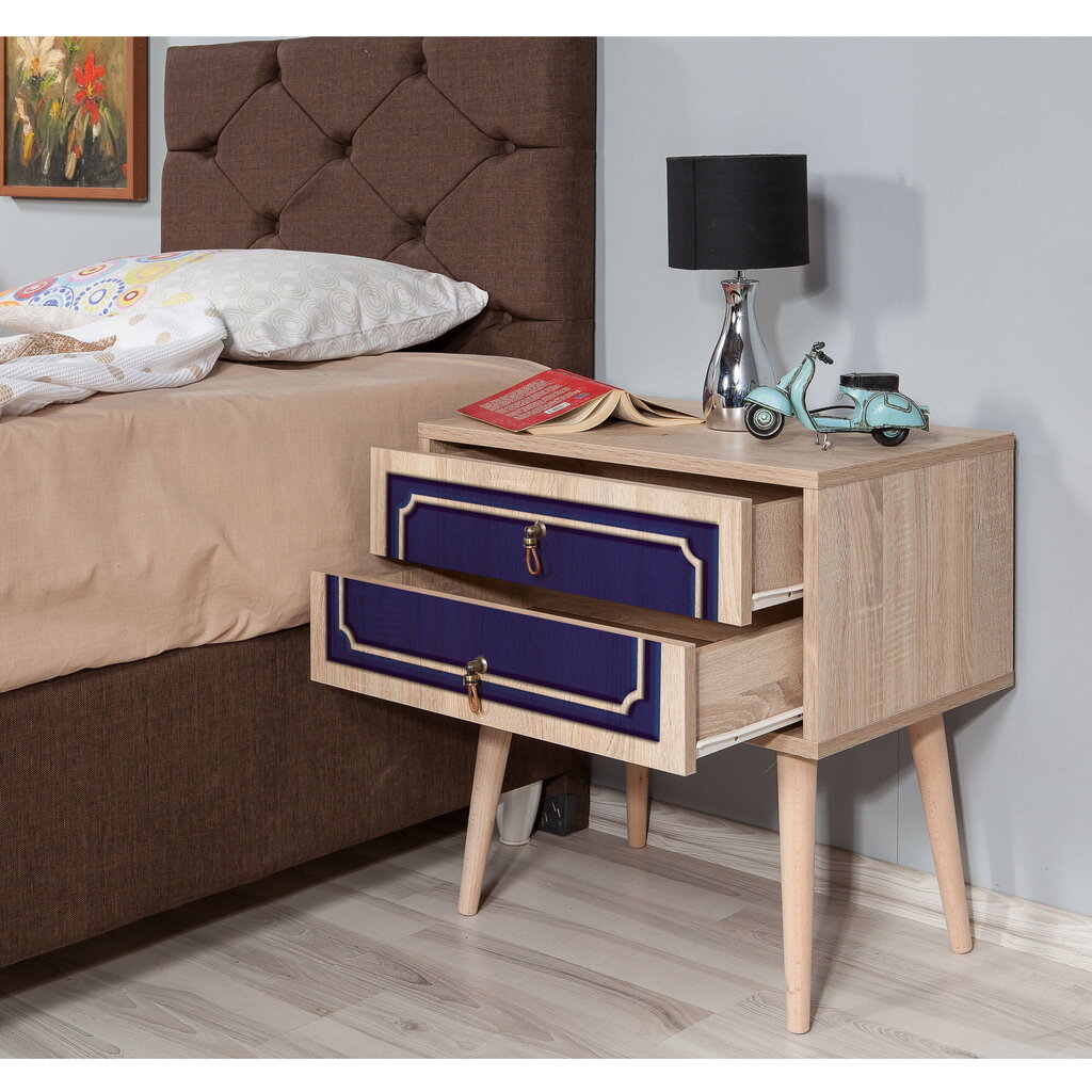 Naktinis staliukas Kalune Design 869, 61 cm, ąžuolo/mėlynos spalvos kaina ir informacija | Spintelės prie lovos | pigu.lt