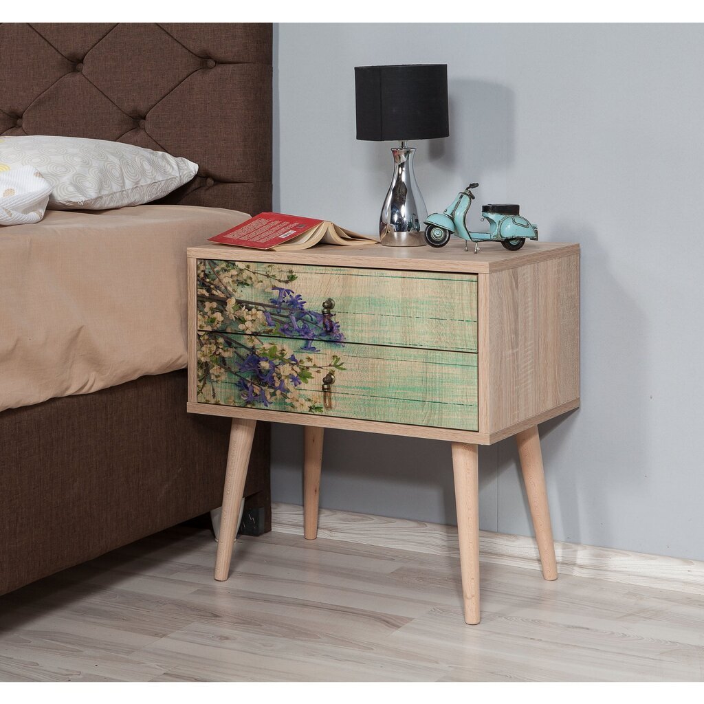 Naktinis staliukas Kalune Design 863 (VIII), 61 cm, ąžuolo/žalios spalvos цена и информация | Spintelės prie lovos | pigu.lt