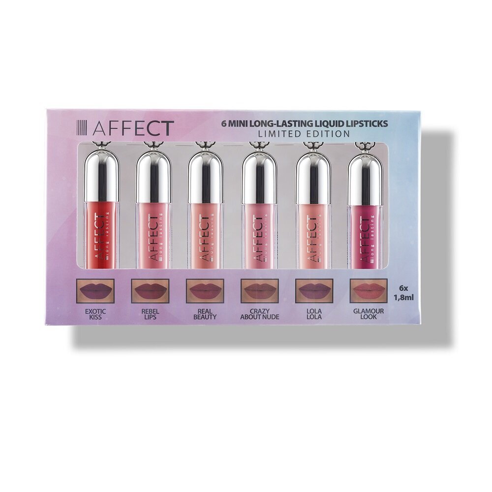 Skystų lūpų dažų rinkinys Affect 6 Mini Long-Lasting Liquid Lipsticks Mini, 6x1,8ml kaina ir informacija | Lūpų dažai, blizgiai, balzamai, vazelinai | pigu.lt