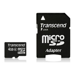 Transcend Карта памяти MicroSDHC 4GB Class4 19/5 МБ/с + адаптер цена и информация | Карты памяти для телефонов | pigu.lt