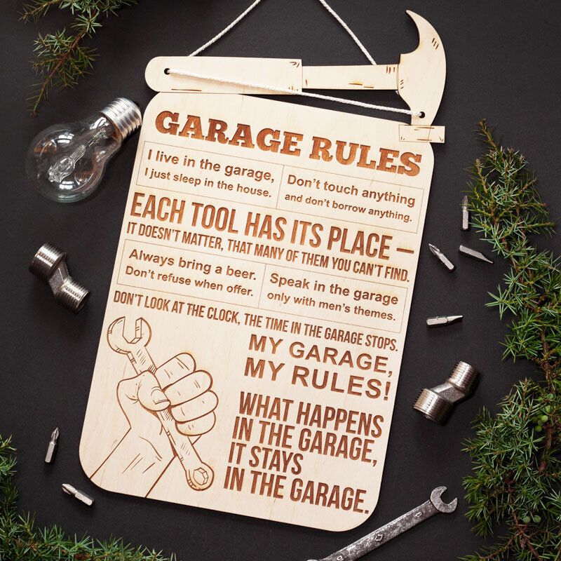 Graviruota medinė lentelė "Garage rules" (anglų kalba) kaina ir informacija | Kitos originalios dovanos | pigu.lt