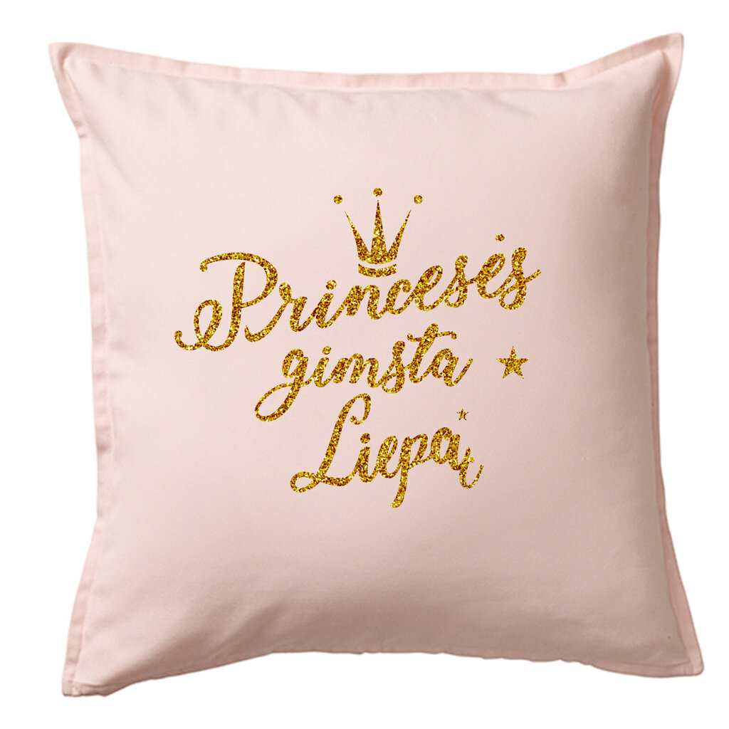 Dekoratyvinė pagalvėlė su blizgiu tekstu Princesės gimsta liepą“, rožinė kaina ir informacija | Originalios pagalvės, užvalkalai | pigu.lt