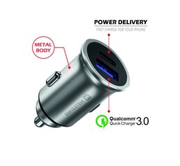 Swissten 36W Metal Car Charger Adapter with Power Delivery USB-C + Quick Charge 3.0 / Silver kaina ir informacija | Krovikliai telefonams | pigu.lt