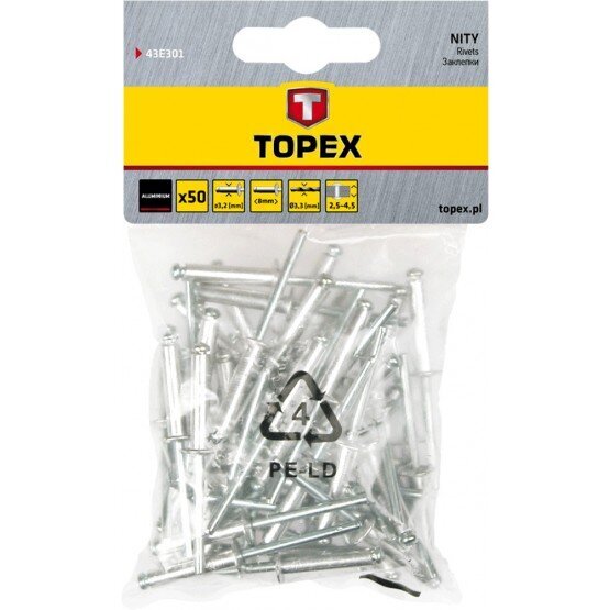 Kniedės aliuminės TOPEX 4x12,5mm kaina ir informacija | Tvirtinimo detalės | pigu.lt