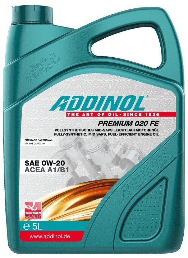 Addinol Premium 020 FE 0w20 VW 508.00/509.00 alyva - 5L цена и информация | Variklinės alyvos | pigu.lt