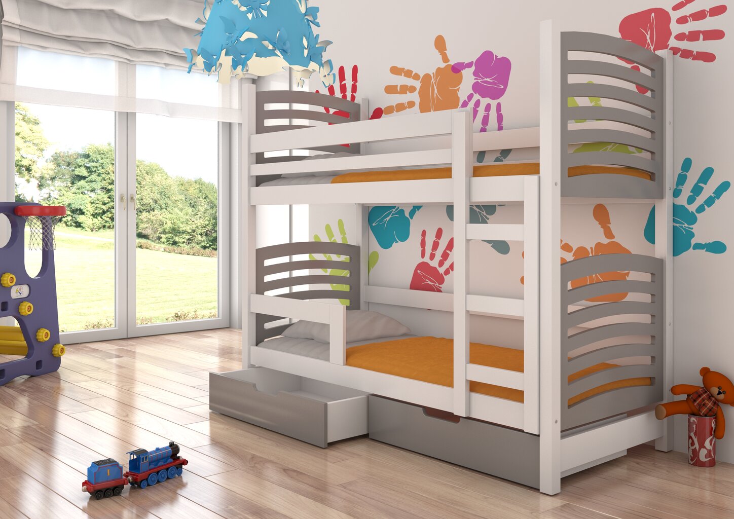 Dviaukštė lova Osuna 180x75 cm, pilka/balta kaina ir informacija | Vaikiškos lovos | pigu.lt