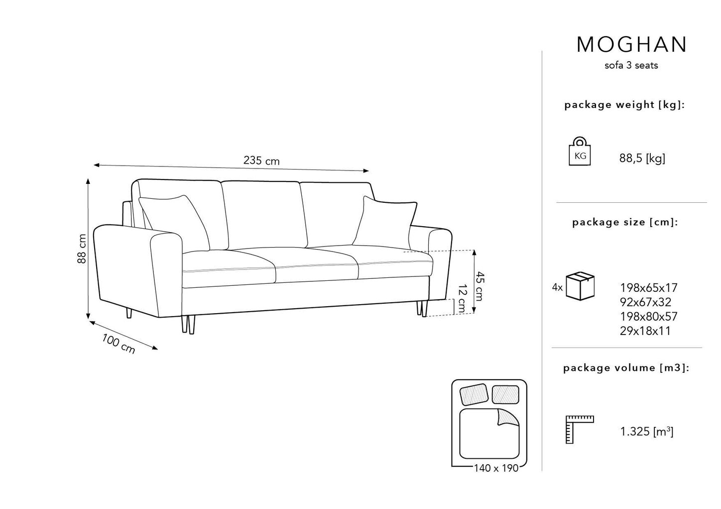 Sofa Micadoni Home Moghan 3S, šviesiai mėlyna/juoda kaina ir informacija | Sofos | pigu.lt