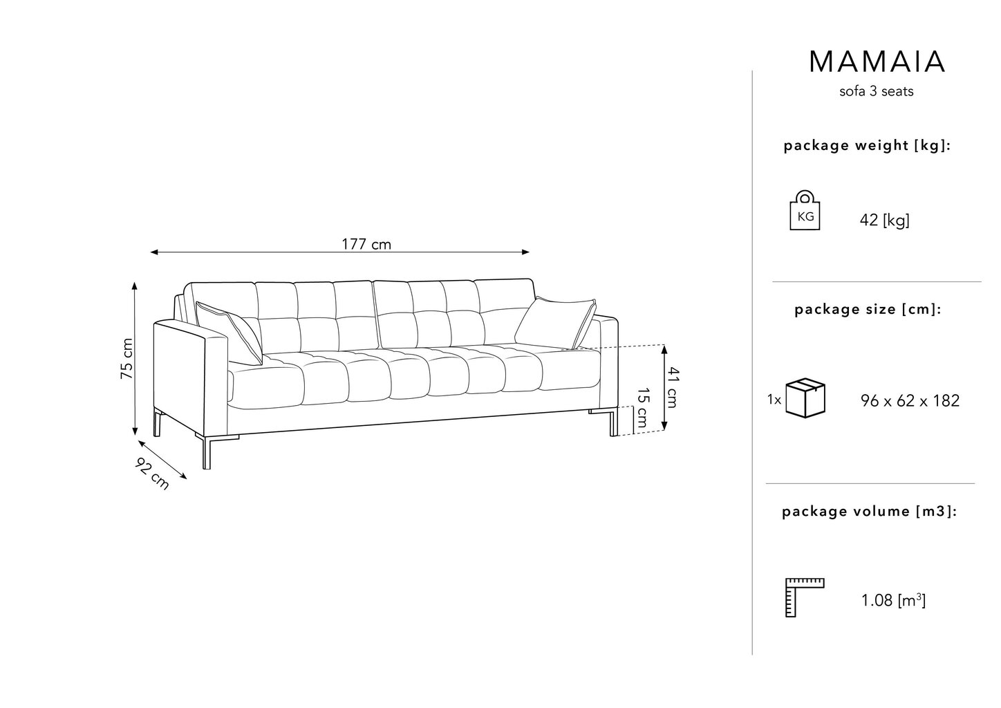 Sofa Micadoni Home Mamaia 3S, šviesiai pilka/auksinės spalvos цена и информация | Sofos | pigu.lt