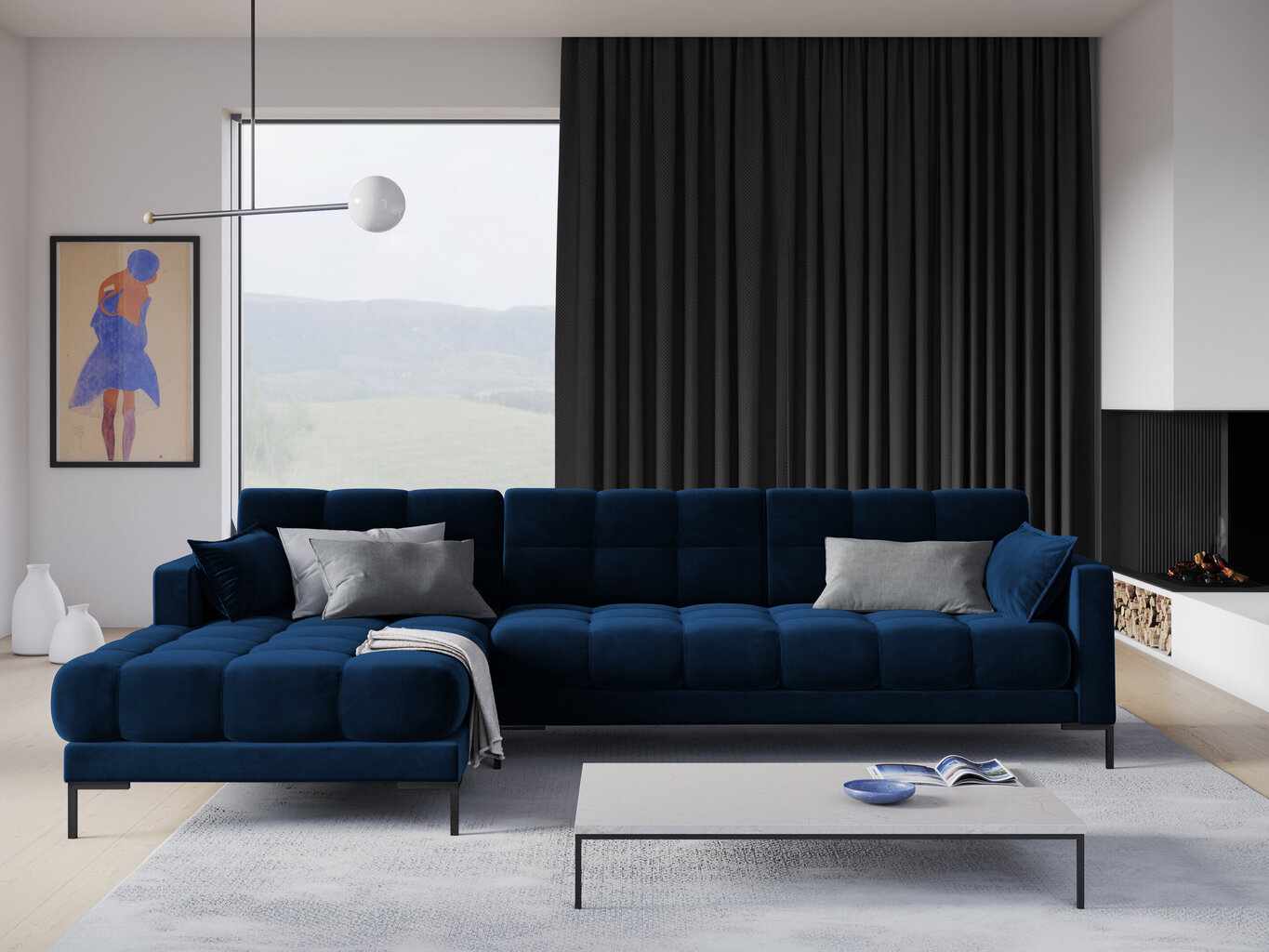 Minkštas kampas Micadoni Home Mamaia 5S-V, mėlynas/juodas kaina ir informacija | Minkšti kampai | pigu.lt