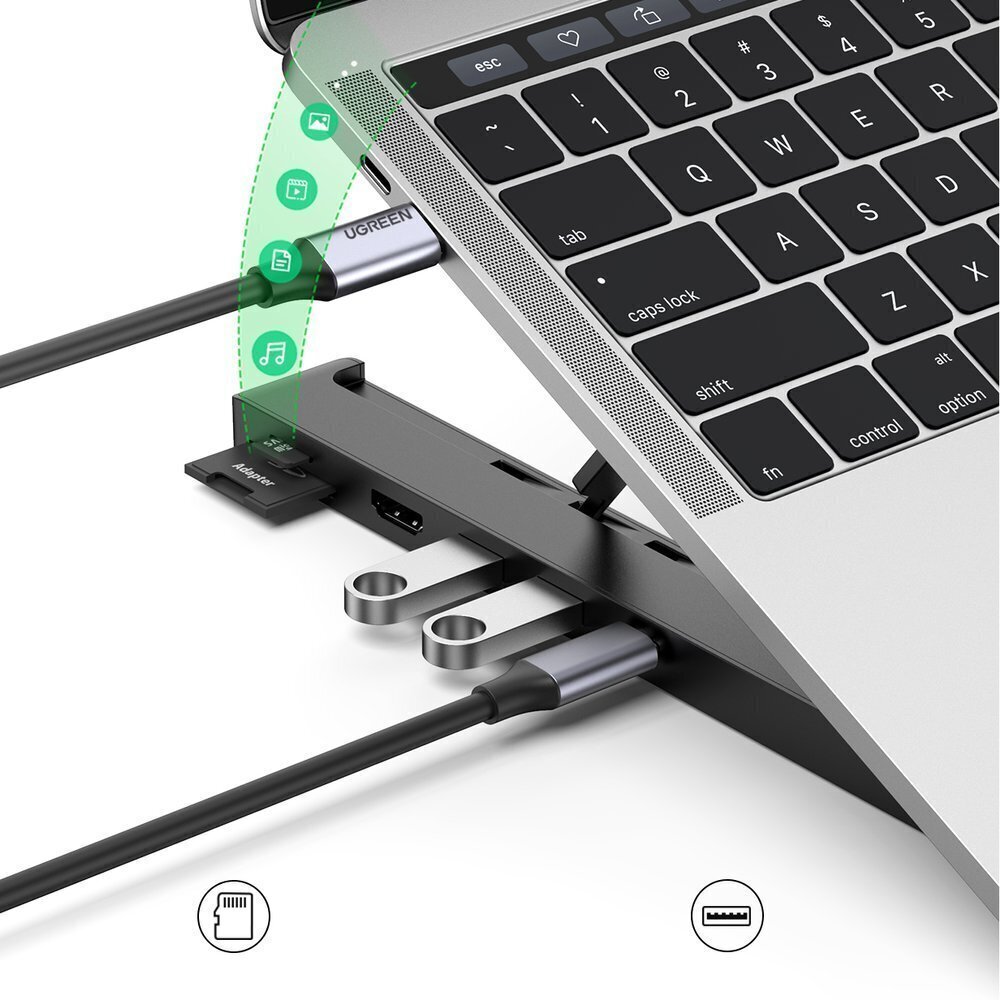 Nešiojamojo kompiuterio stovo prijungimo stotis UGREEN X-KIT, USB-C, 2xUSB 3.0, 4K HDMI, SD/TF, juoda kaina ir informacija | Kompiuterių aušinimo ir kiti priedai | pigu.lt