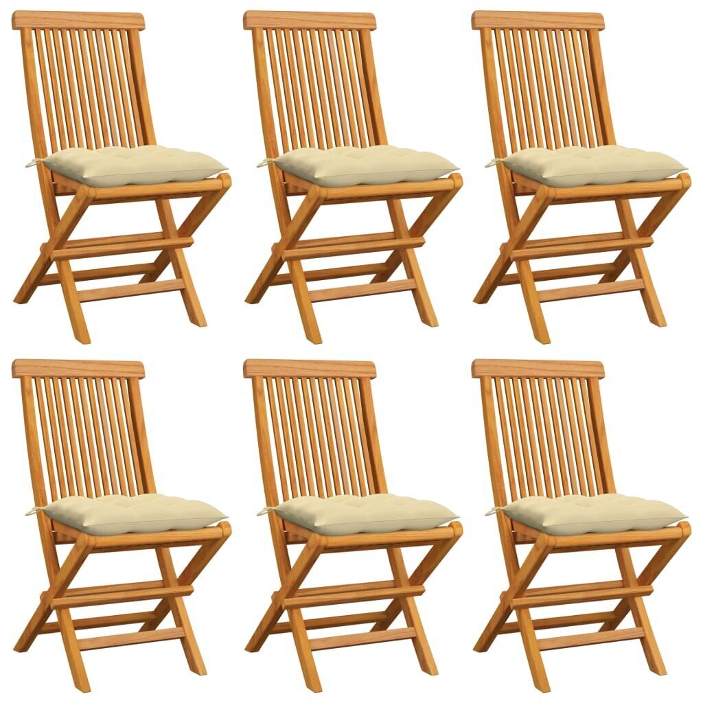 Sodo kėdės su pagalvėlėmis, 6vnt., kreminė balta, tikmedžio masyvas kaina ir informacija | Lauko kėdės, foteliai, pufai | pigu.lt