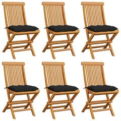 Sodo kėdės su pagalvėlėmis, 6vnt., juoda, tikmedžio masyvas kaina ir informacija | Lauko kėdės, foteliai, pufai | pigu.lt