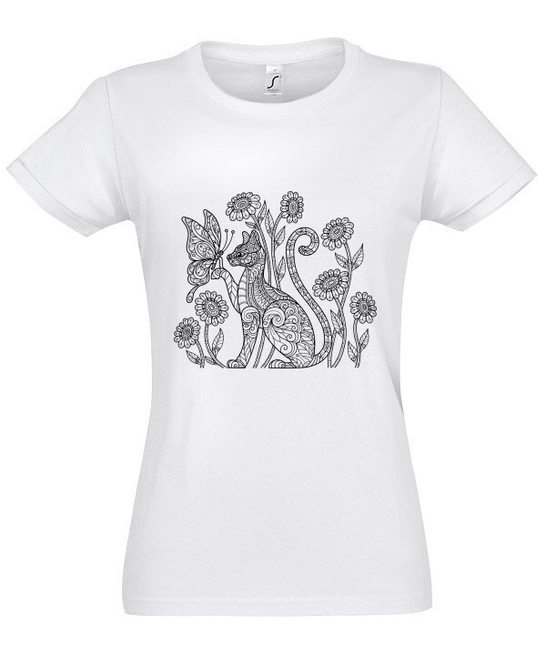 Marškinėliai moterims Katinas ir drugelis, balti kaina ir informacija | Marškinėliai moterims | pigu.lt