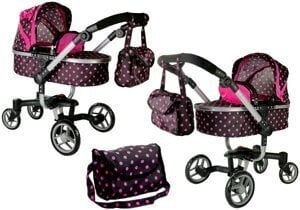Детская кукольная коляска, черная с розовыми точками цена и информация | Игрушки для девочек | pigu.lt