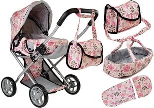 Lėlių vežimėlis su priedais, rožinė su gėlių raštu kaina ir informacija | Žaislai mergaitėms | pigu.lt