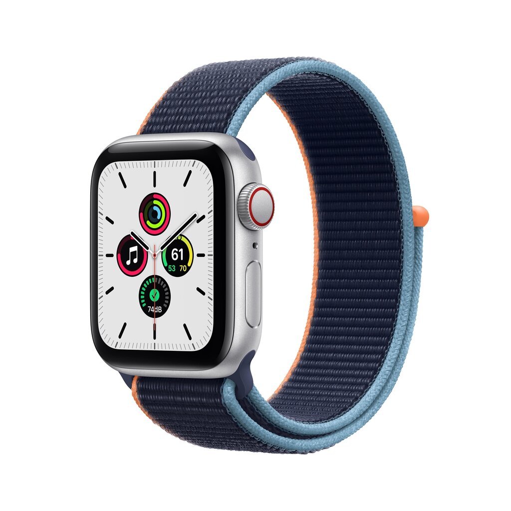 Išmanusis laikrodis Apple Watch SE (GPS + Cellular LT, 44mm) Silver Aluminium Case with Deep Navy Sport Loop kaina ir informacija | Išmanieji laikrodžiai (smartwatch) | pigu.lt